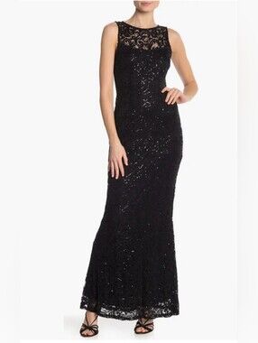MARINA Black Lace Sequin Maxi Gown